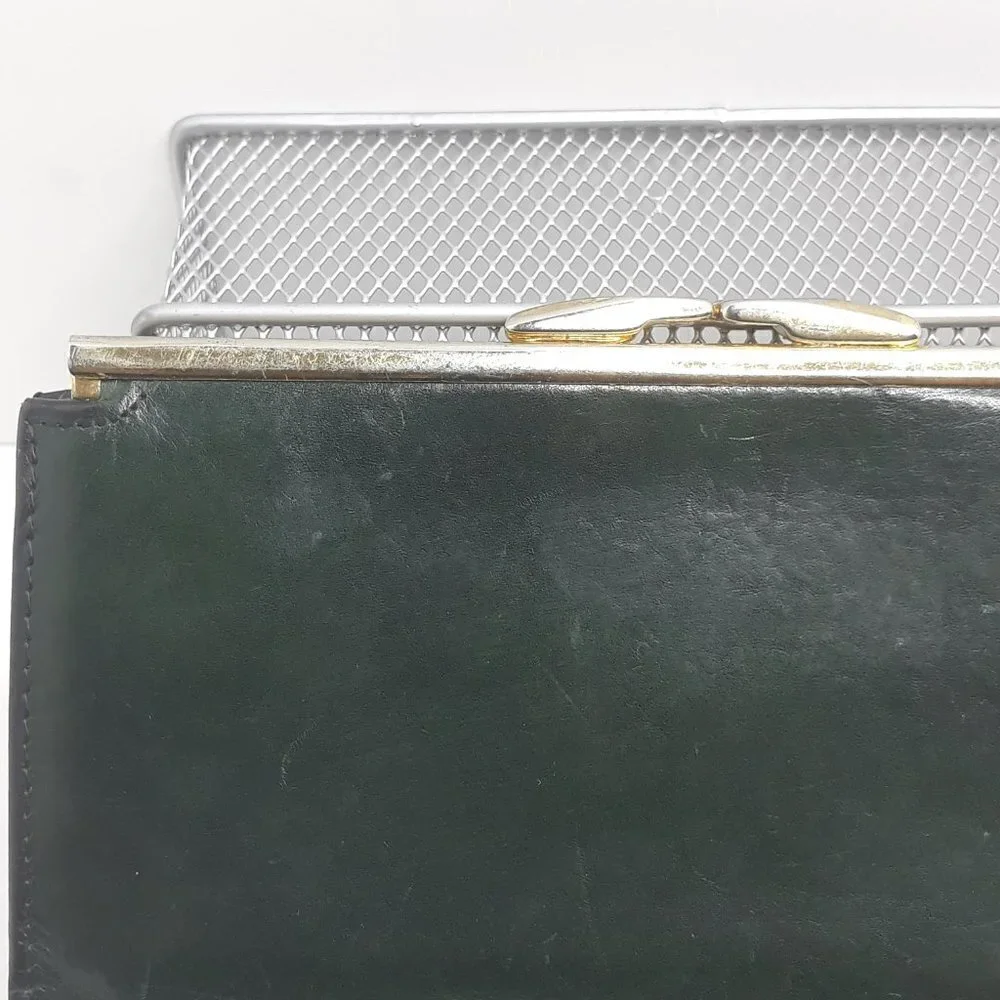Vtg Bosca Hand Stained Hide Green Leather Kisslock Tri-fold Check Book Wallet